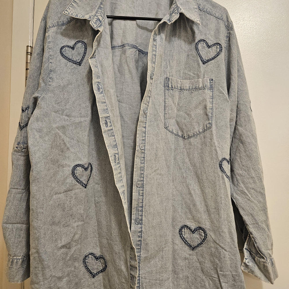 Heart Embroidered Denim Shirt